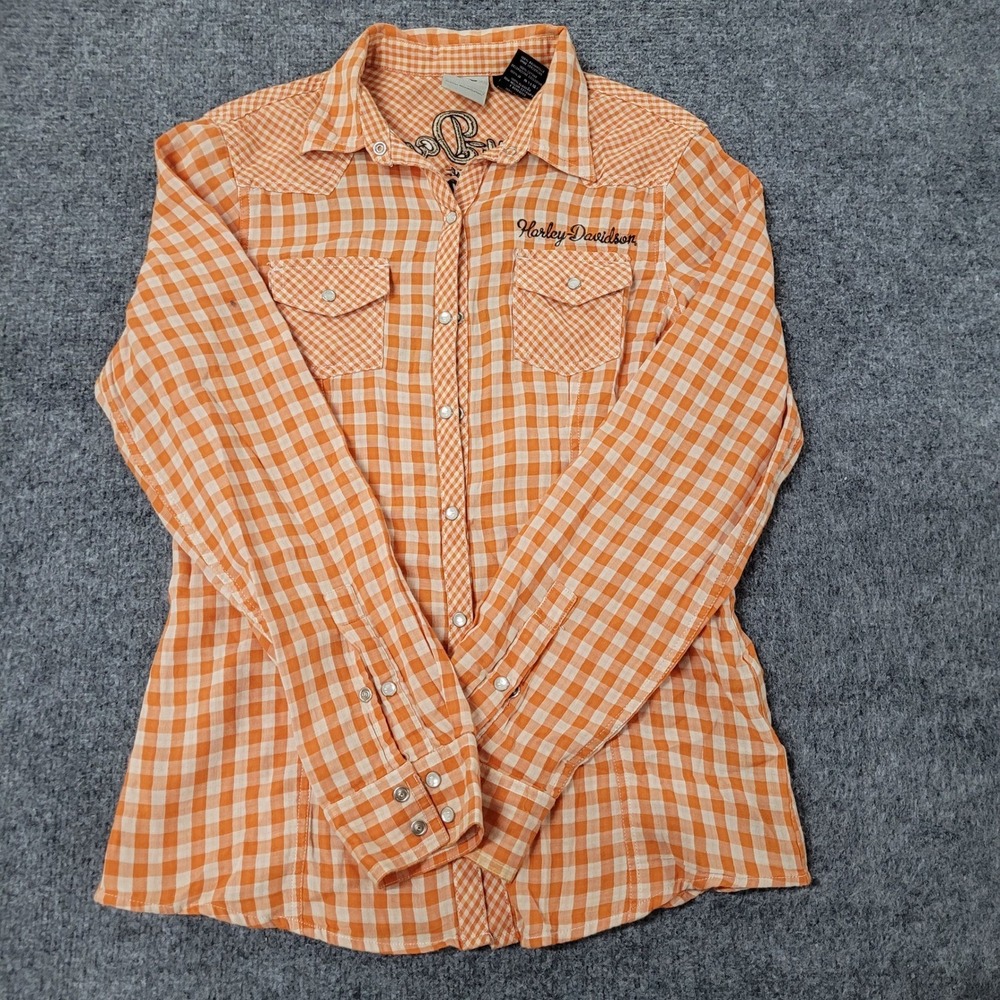 Harley Davidson Shirt Womens Size M Orange Gingham Western Pearl Snap Logo